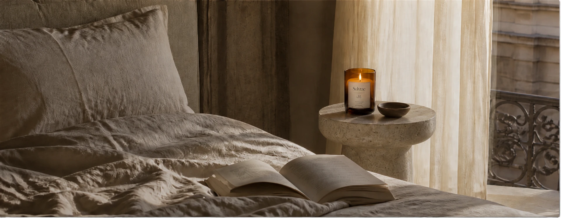 A lit Solvrae candle on a stone bedside table beside an open book in soft bedroom light