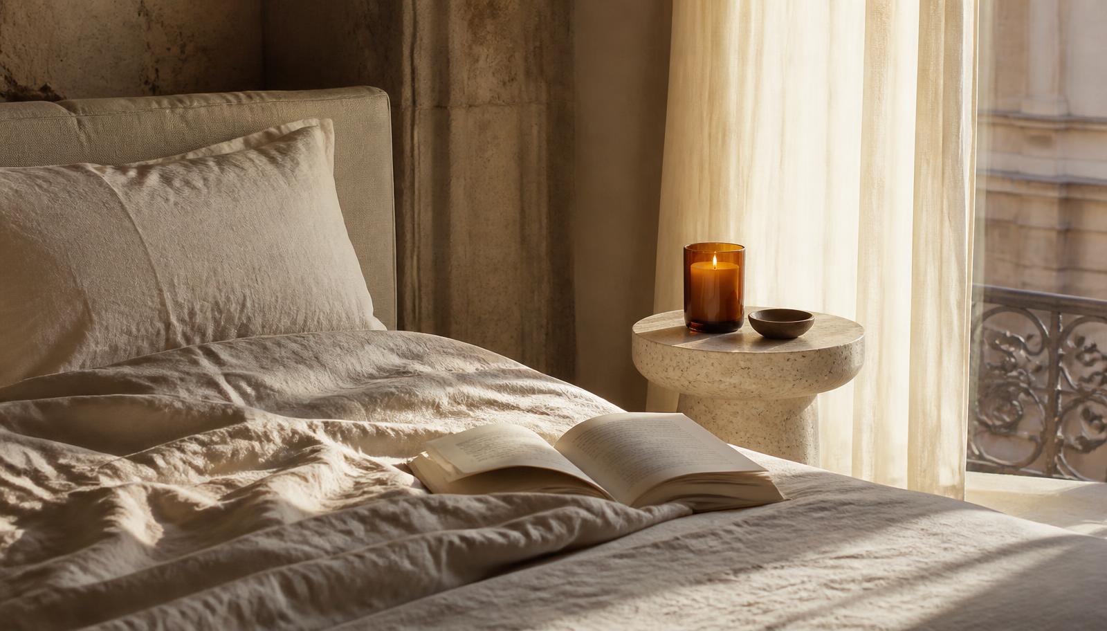 Morning light across a quiet room with a burning candle